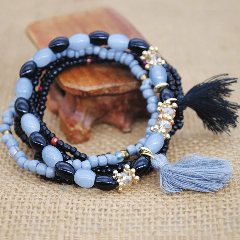 Multi-layer Elastic Rope Rice Beads Tassel Bracelet Handmade Beaded Bracelet