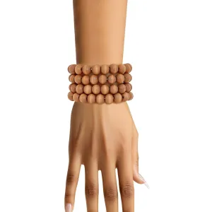 Natural Brown Wooden Ball Bead Bracelet Set - 4pc Stretchable Design