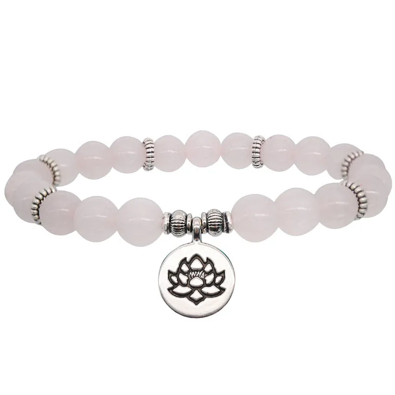 Natural Stone Indian Agate Powder Crystal Lotus Pendant Handmade Beaded Elastic Rope Bracelet