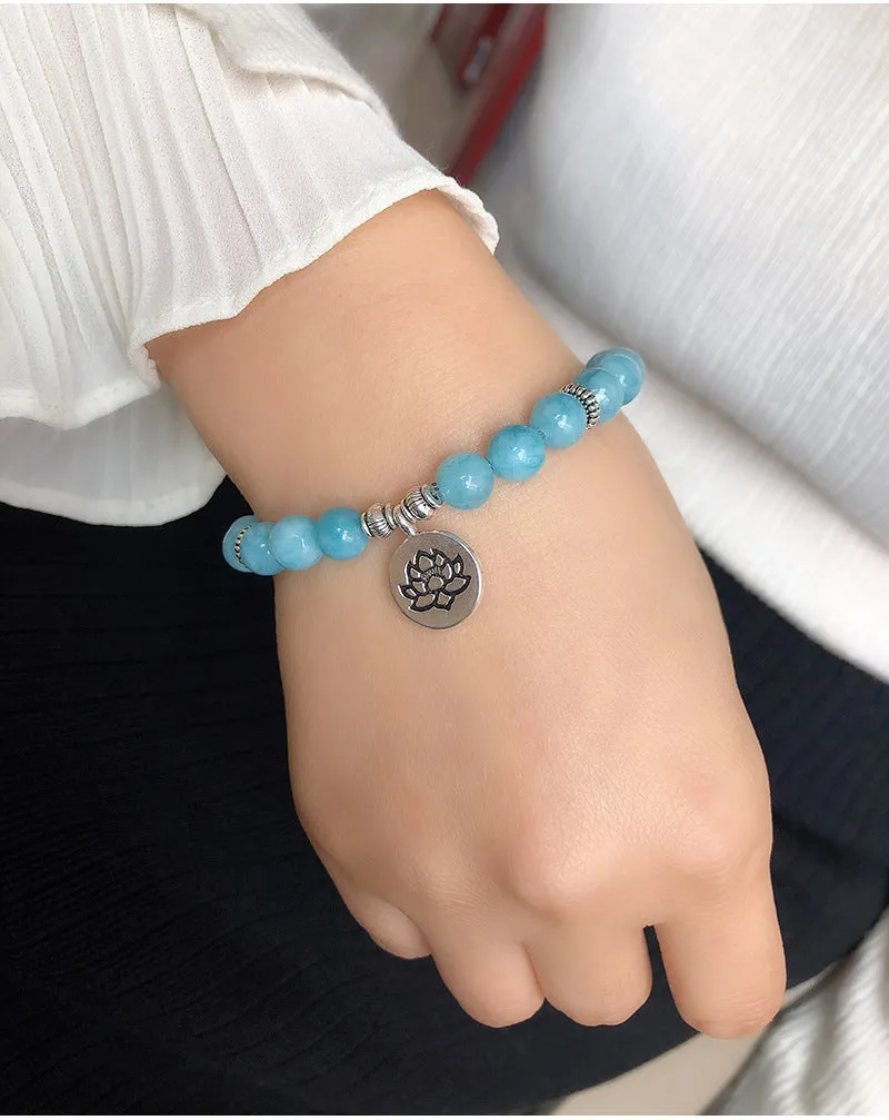 Natural Stone Indian Agate Powder Crystal Lotus Pendant Handmade Beaded Elastic Rope Bracelet