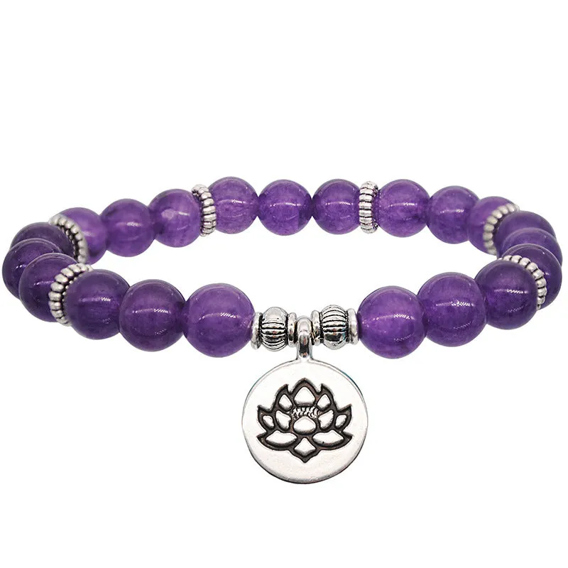 Natural Stone Indian Agate Powder Crystal Lotus Pendant Handmade Beaded Elastic Rope Bracelet
