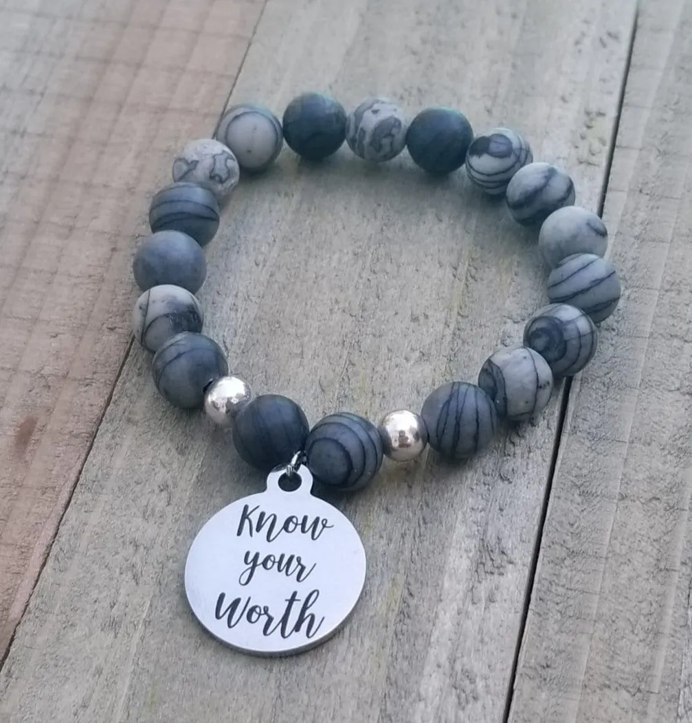 Natural Stone Themed Engraved Charm Bracelet