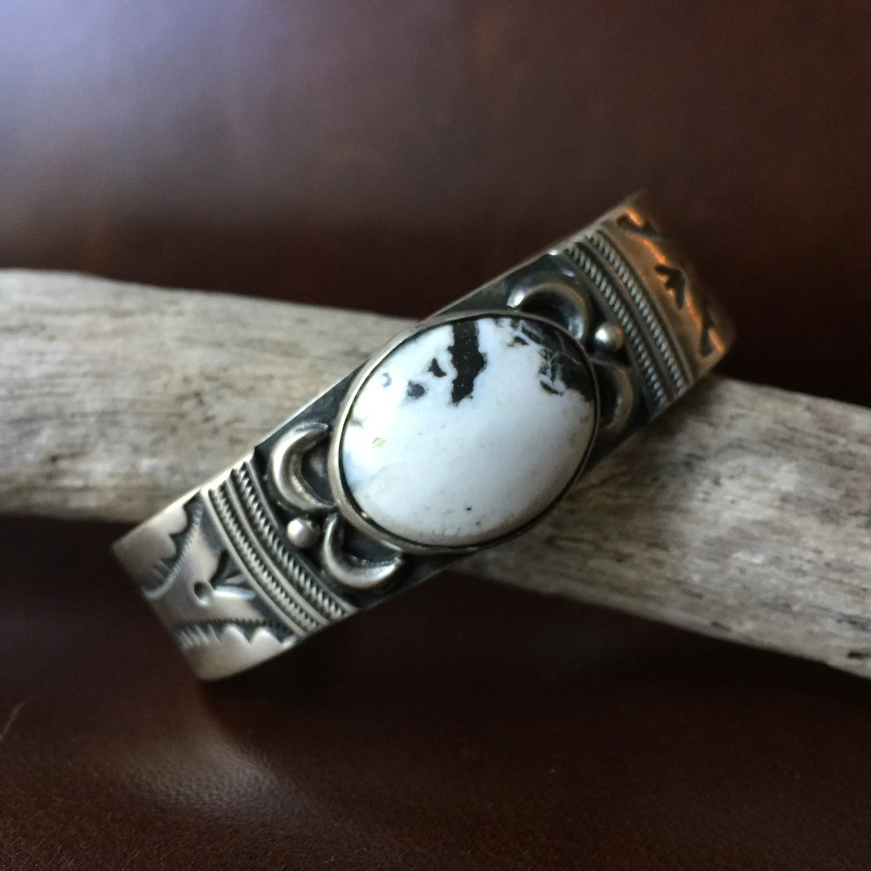 Natural White Buffalo Stamped Sterling Silver Bracelet Signed Ray Bennett