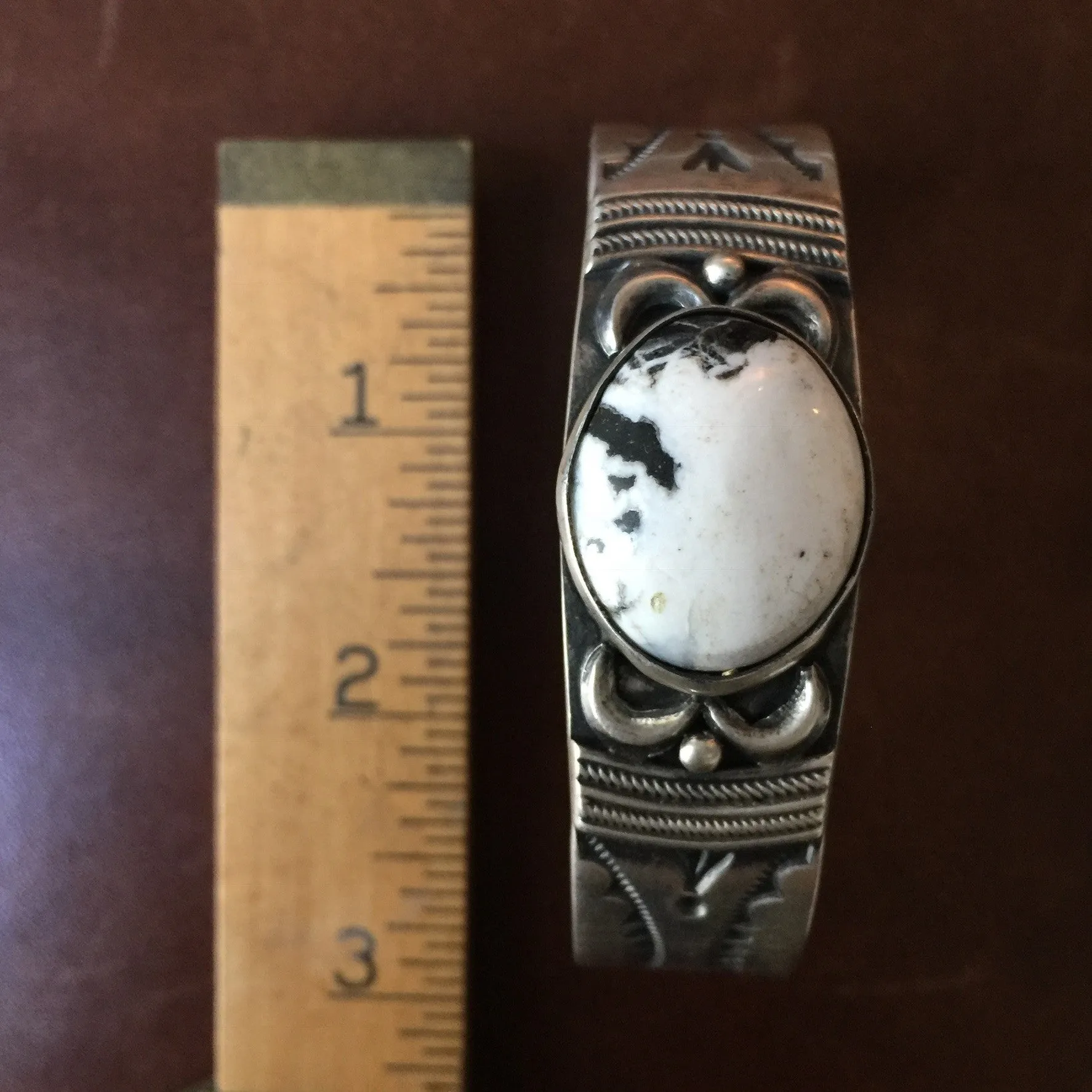 Natural White Buffalo Stamped Sterling Silver Bracelet Signed Ray Bennett