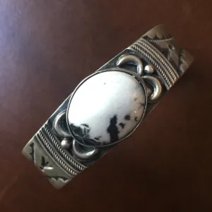 Natural White Buffalo Stamped Sterling Silver Bracelet Signed Ray Bennett