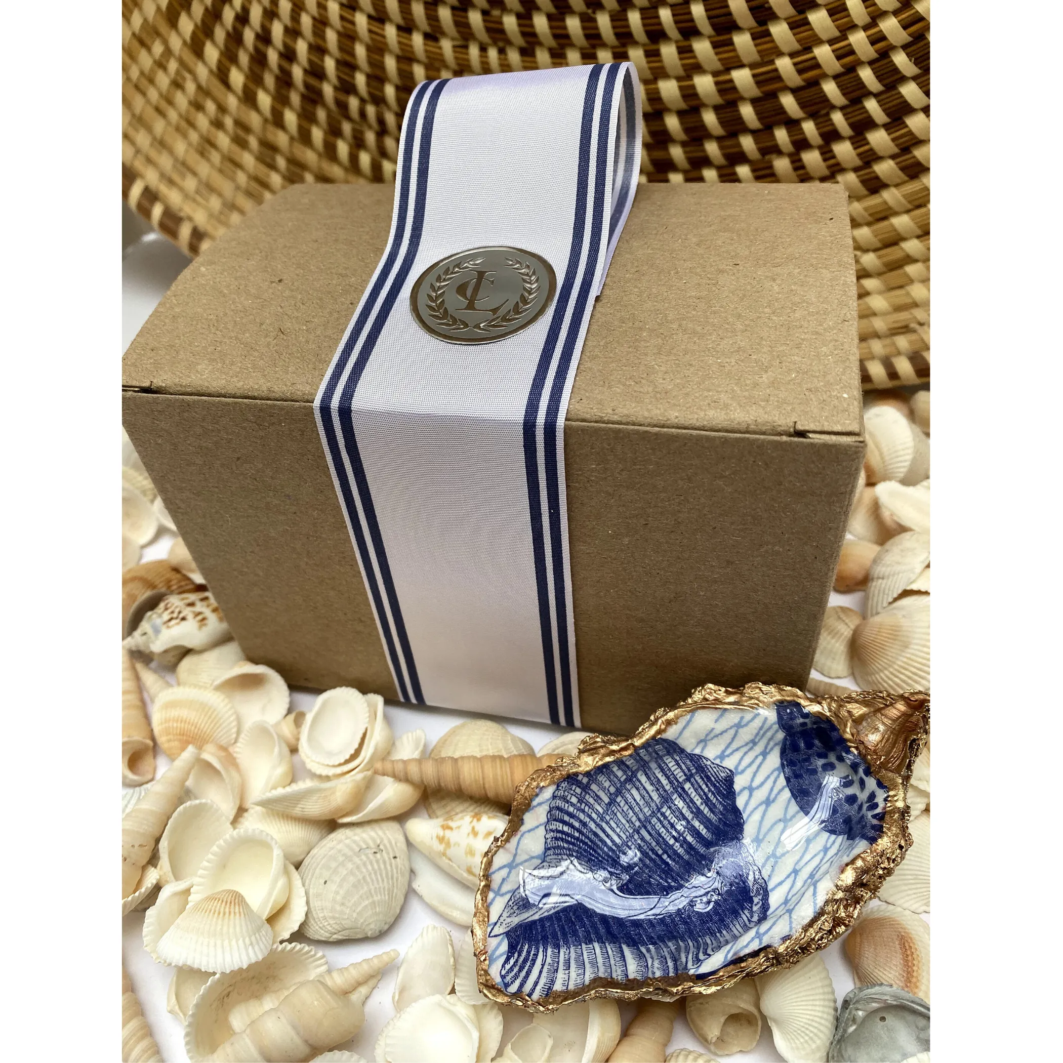 Nautical Art Blue Chinoiserie Ring Dish | Oyster Shell Art
