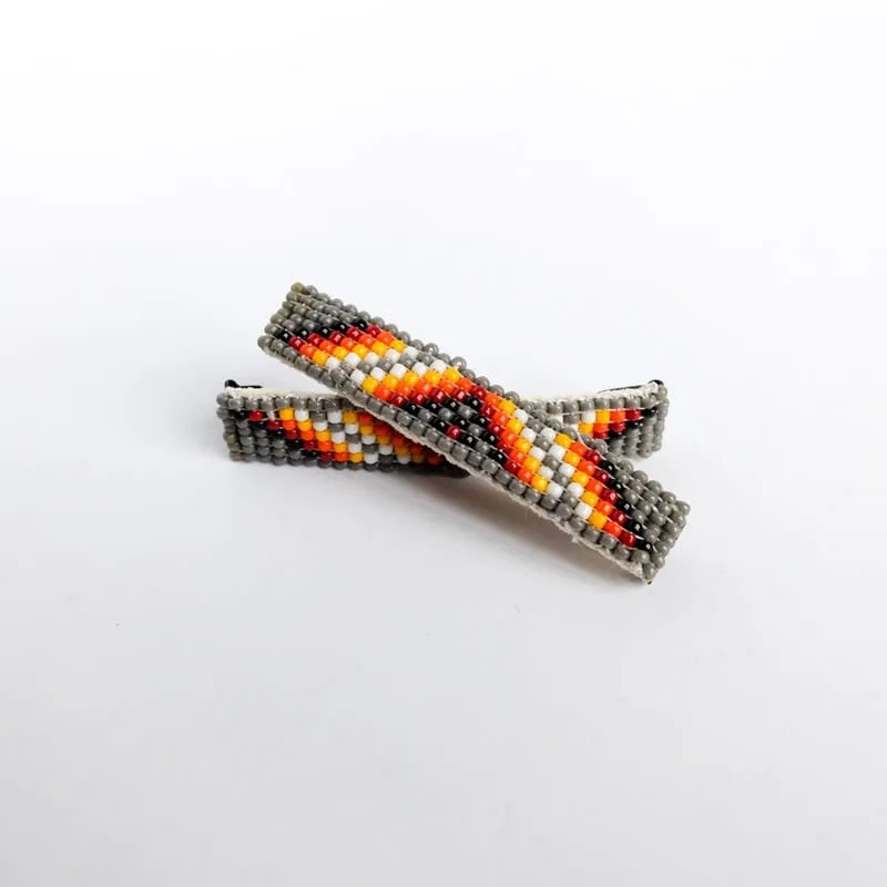 Navajo Beaded Hair Clip Set in Grey with Vee Motif