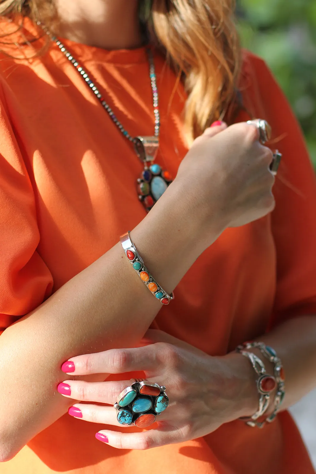 Navajo Multi-Stone Sterling Silver Row Cuff Bracelet