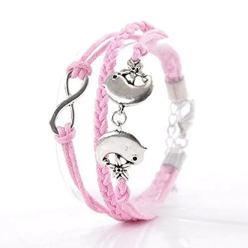 Never Ending Love Wax Rope Braided Bracelet with Bird and Infinity Symbol 7 7/8