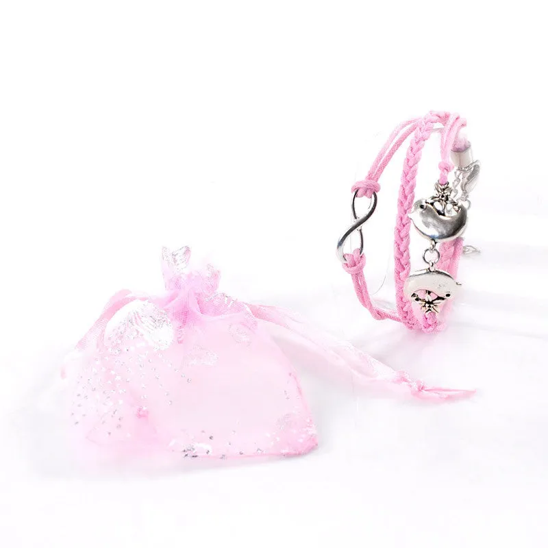 Never Ending Love Wax Rope Braided Bracelet with Bird and Infinity Symbol 7 7/8