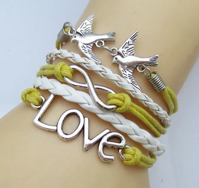 NEW DIY Infinity Fashion Leather Pair of lovebirds LOVE Friendship Charm Sideway Braided Wristband Bracelet