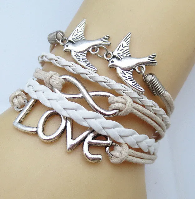 NEW DIY Infinity Fashion Leather Pair of lovebirds LOVE Friendship Charm Sideway Braided Wristband Bracelet
