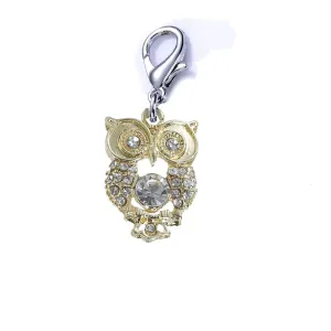 Owl Charm with Crystals Clip on Pendant for European Charm Jewelry w/ Lobster Clasp