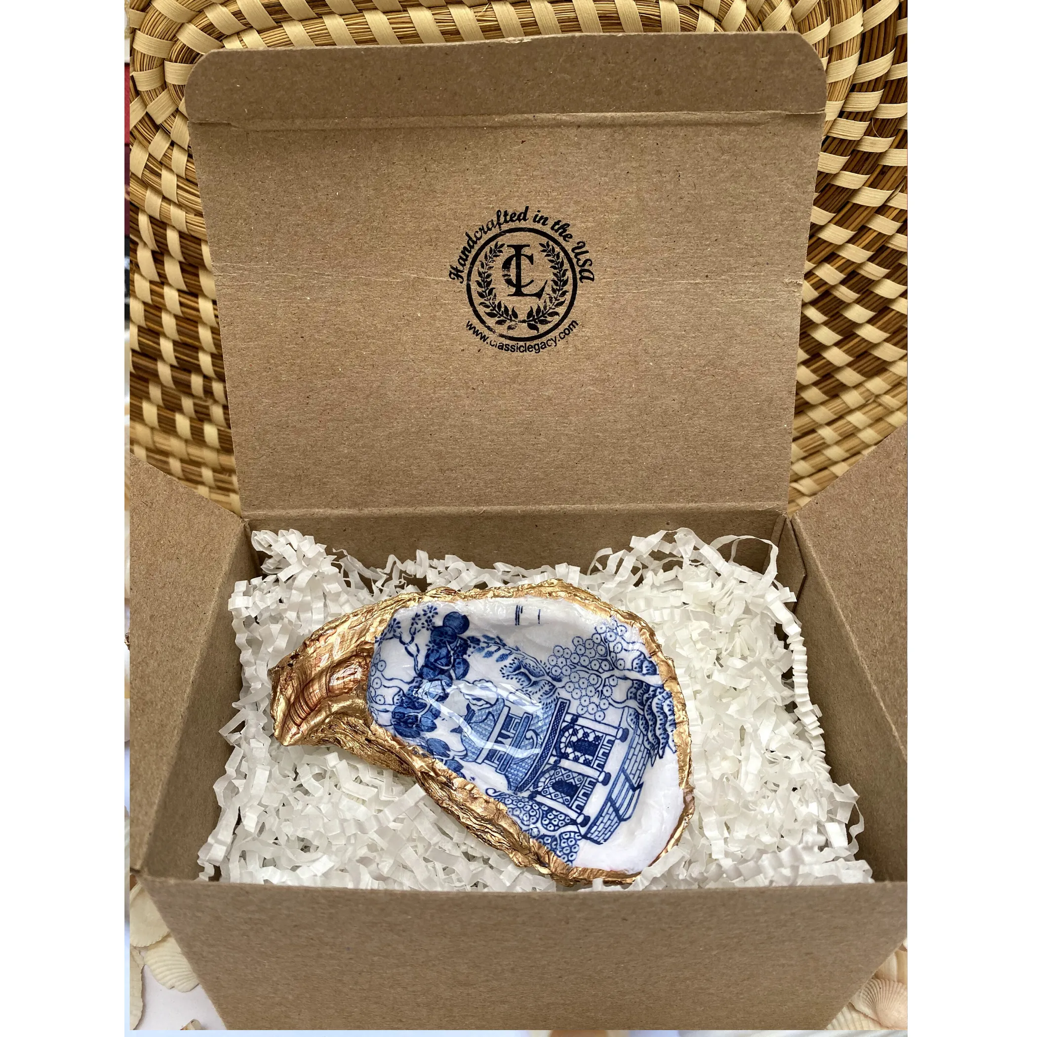 Oyster Shell Art, Chinese Lady, Blue and White