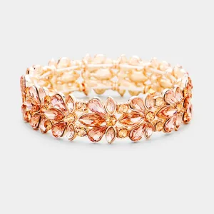 Peach Crystal Flower Stretch Pageant Bracelet on Rose Gold | Prom Bracelet | 389463