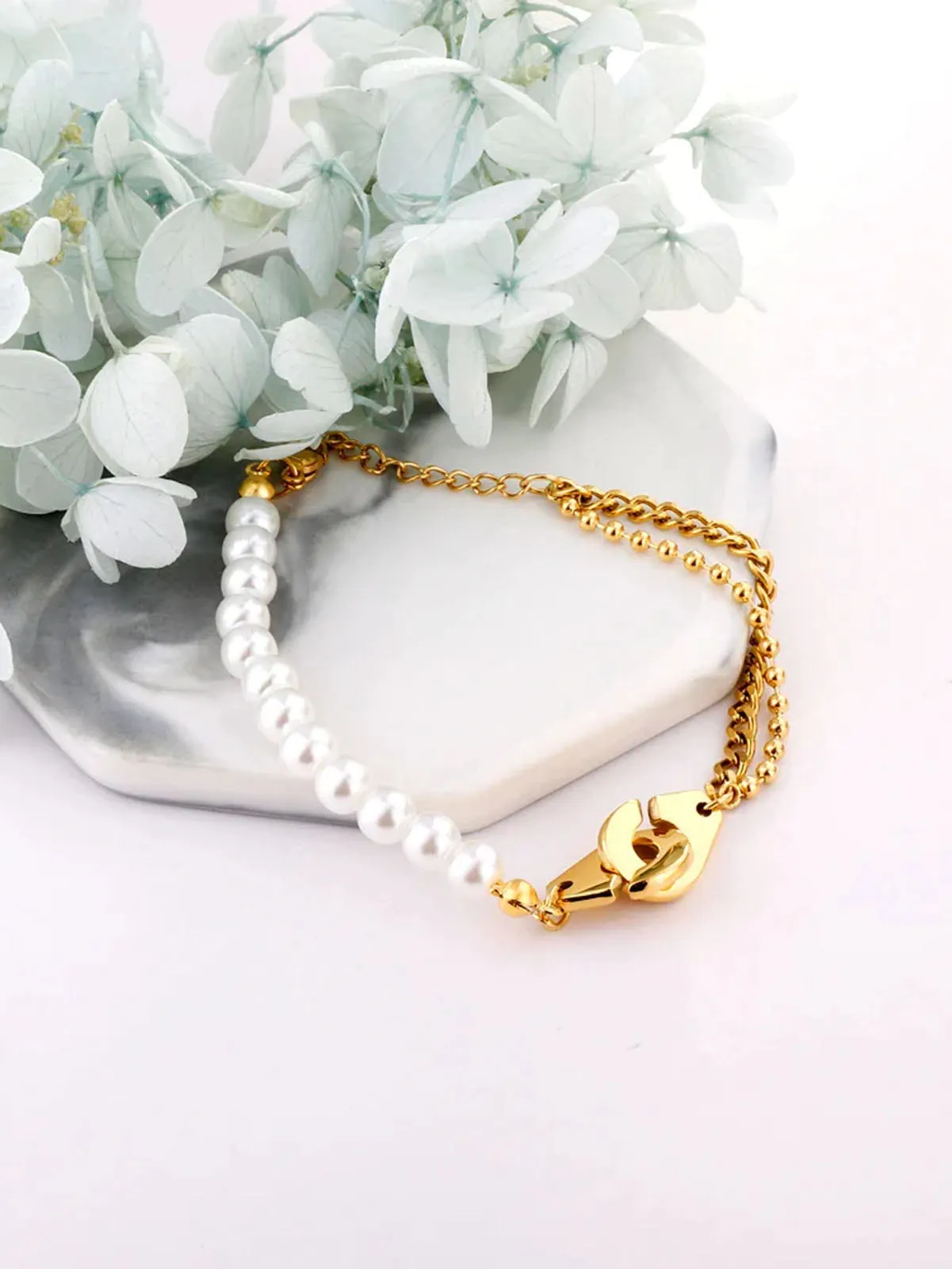 Pearl Decor Cuff Charm Chain Bracelet - FD ⚡