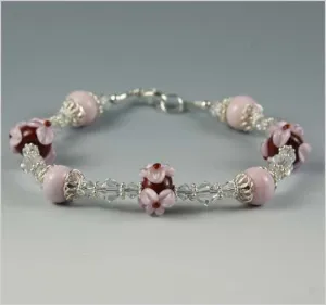 Pink Flower and Maroon Glass Lampwork Bead Bracelet
