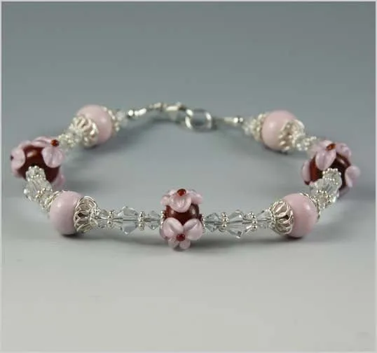 Pink Flower and Maroon Glass Lampwork Bead Bracelet