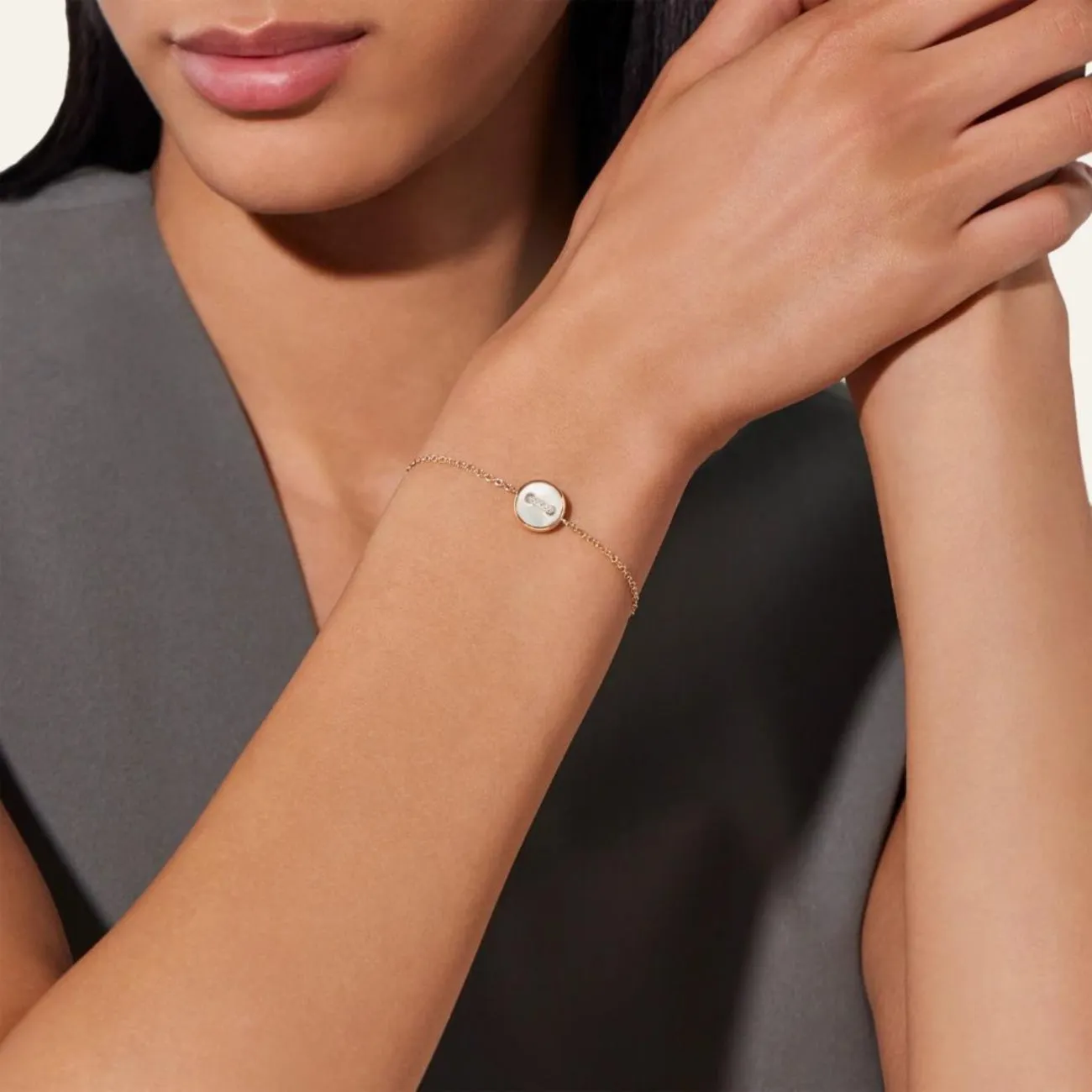 Pom Pom Dot 18K Rose Gold White & Grey Mother of Pearl Two-Sided Button Diamond Bracelet