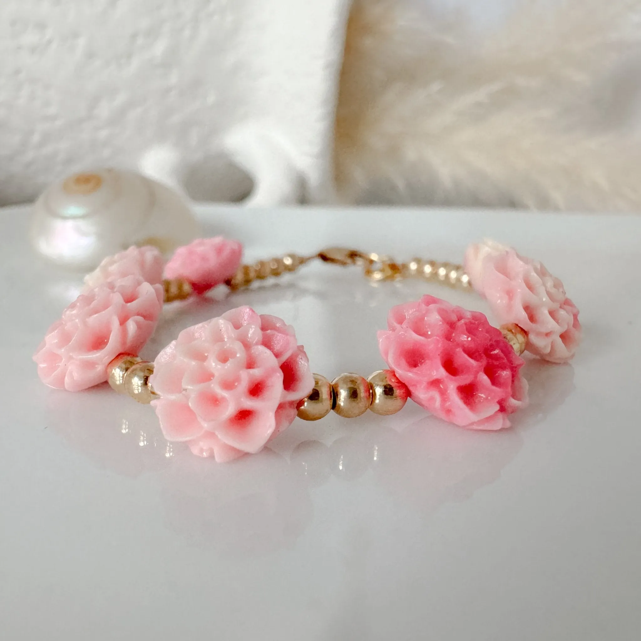 Prim Rose - Flower Bracelet - Shell, Flowers and Gold or Sterling Silver Beads - 2 Style Options