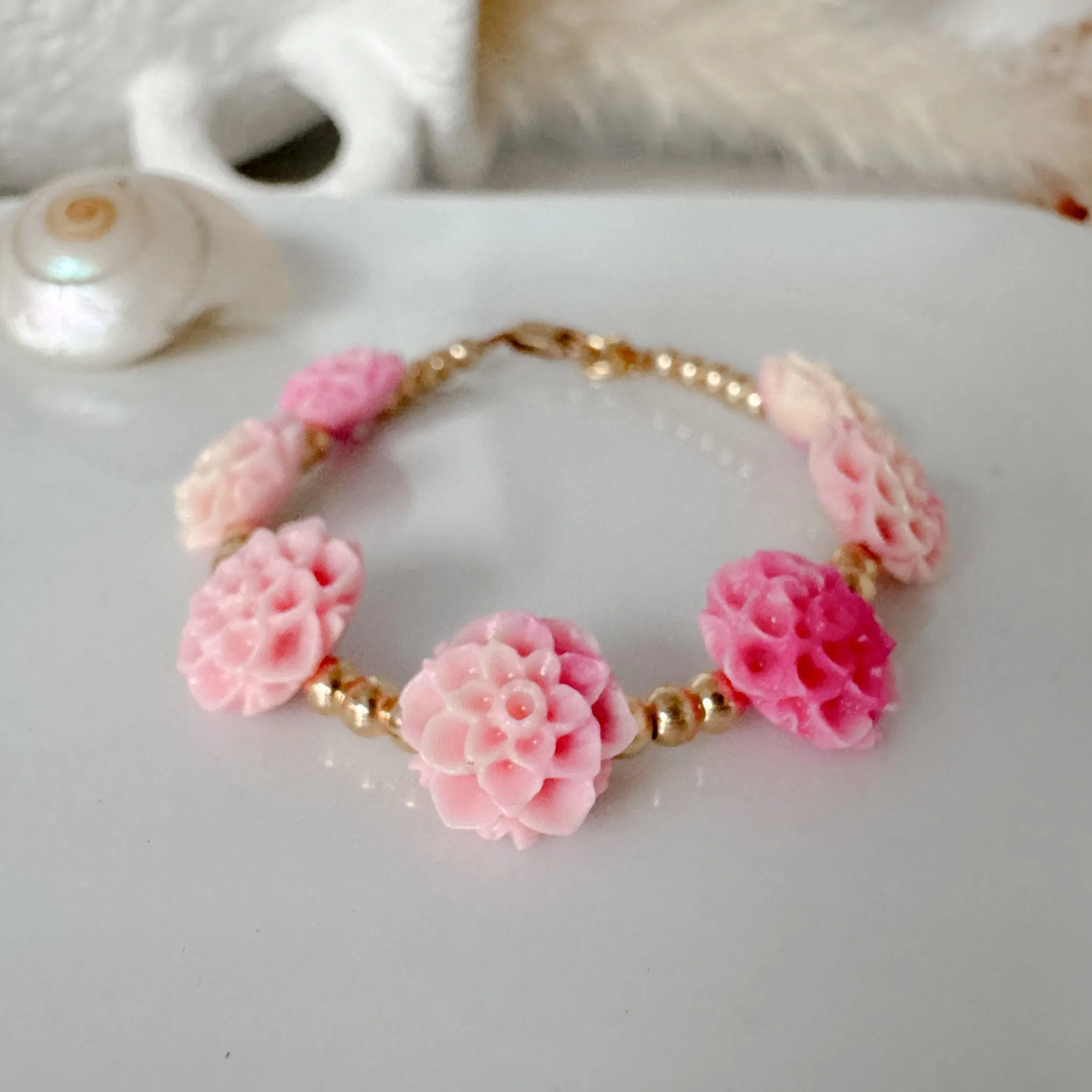 Prim Rose - Flower Bracelet - Shell, Flowers and Gold or Sterling Silver Beads - 2 Style Options