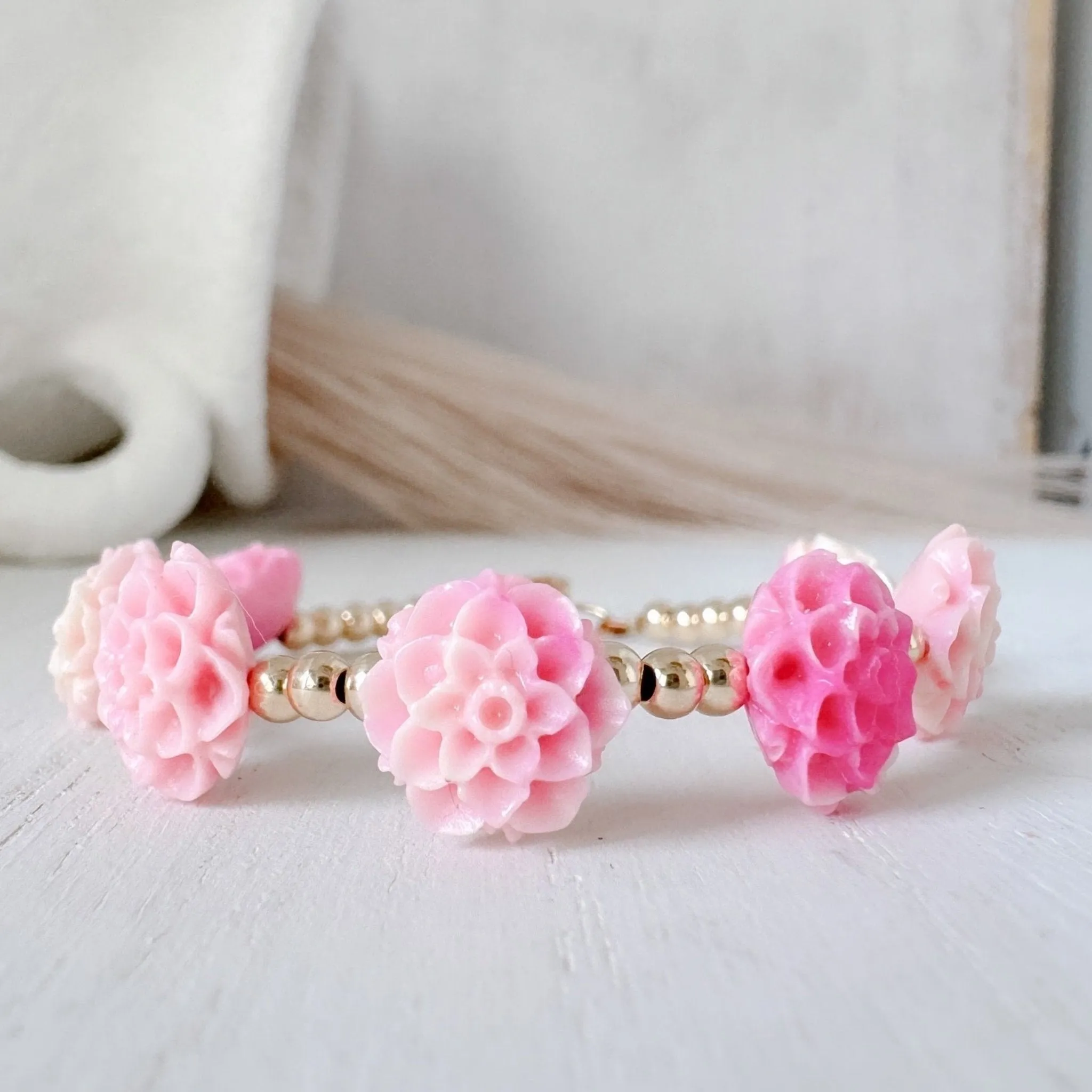Prim Rose - Flower Bracelet - Shell, Flowers and Gold or Sterling Silver Beads - 2 Style Options