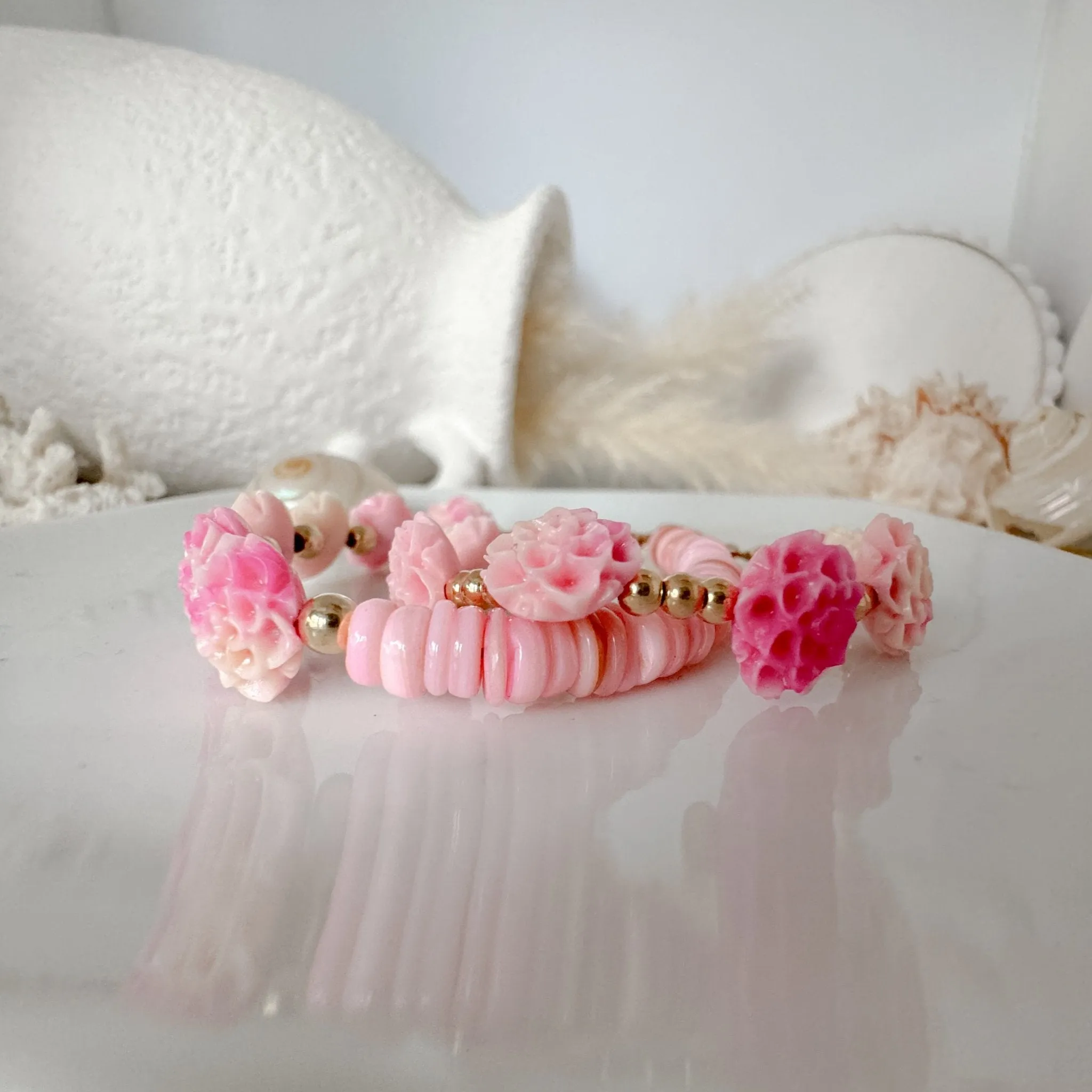 Prim Rose - Flower Bracelet - Shell, Flowers and Gold or Sterling Silver Beads - 2 Style Options