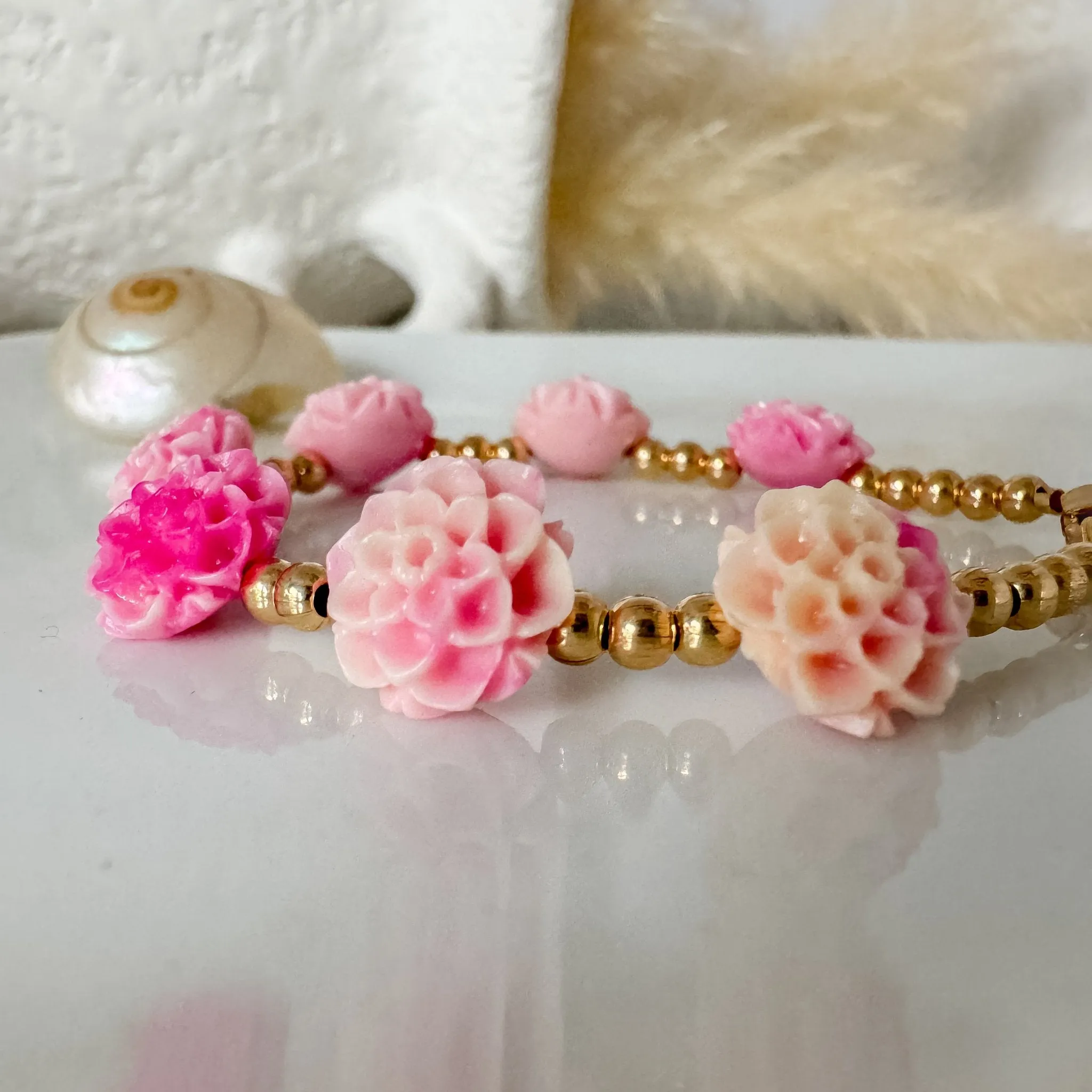Prim Rose - Flower Bracelet - Shell, Flowers and Gold or Sterling Silver Beads - 2 Style Options