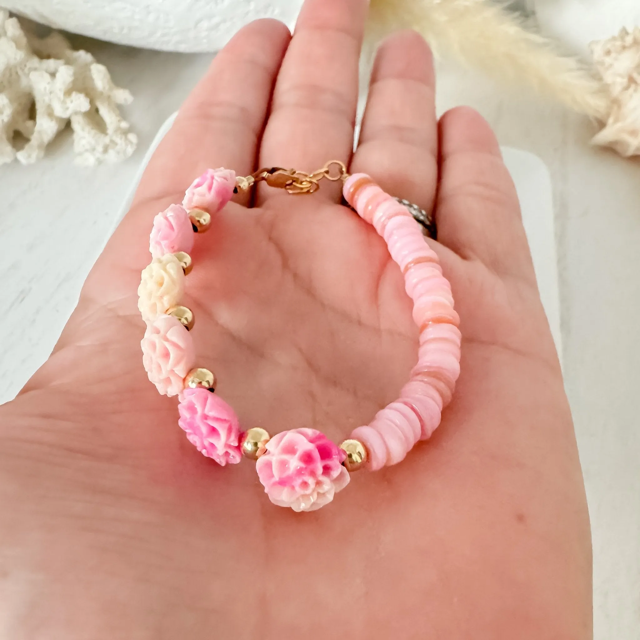 Prim Rose - Flower Bracelet - Shell, Flowers and Gold or Sterling Silver Beads - 2 Style Options
