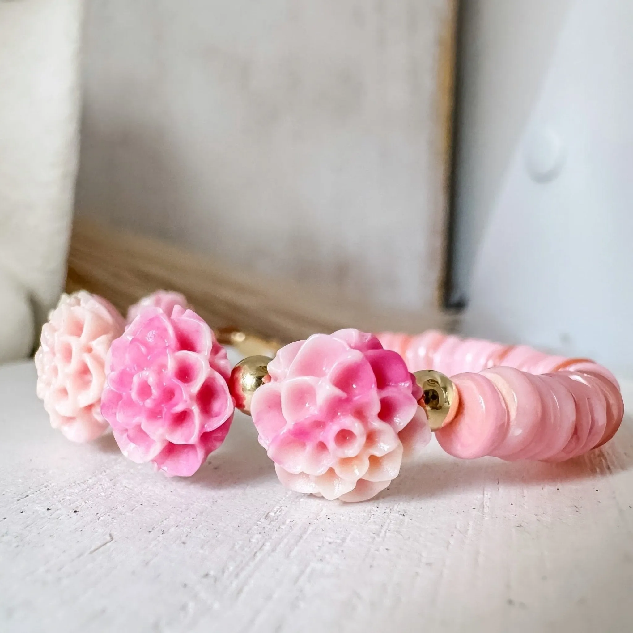 Prim Rose - Flower Bracelet - Shell, Flowers and Gold or Sterling Silver Beads - 2 Style Options