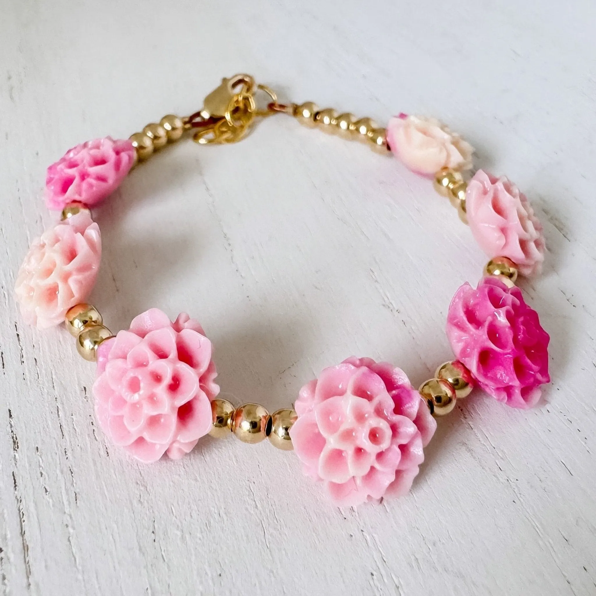Prim Rose - Flower Bracelet - Shell, Flowers and Gold or Sterling Silver Beads - 2 Style Options