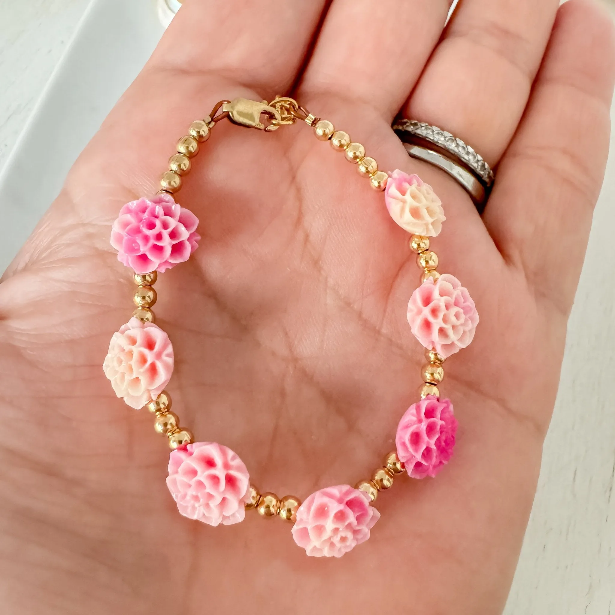 Prim Rose - Flower Bracelet - Shell, Flowers and Gold or Sterling Silver Beads - 2 Style Options