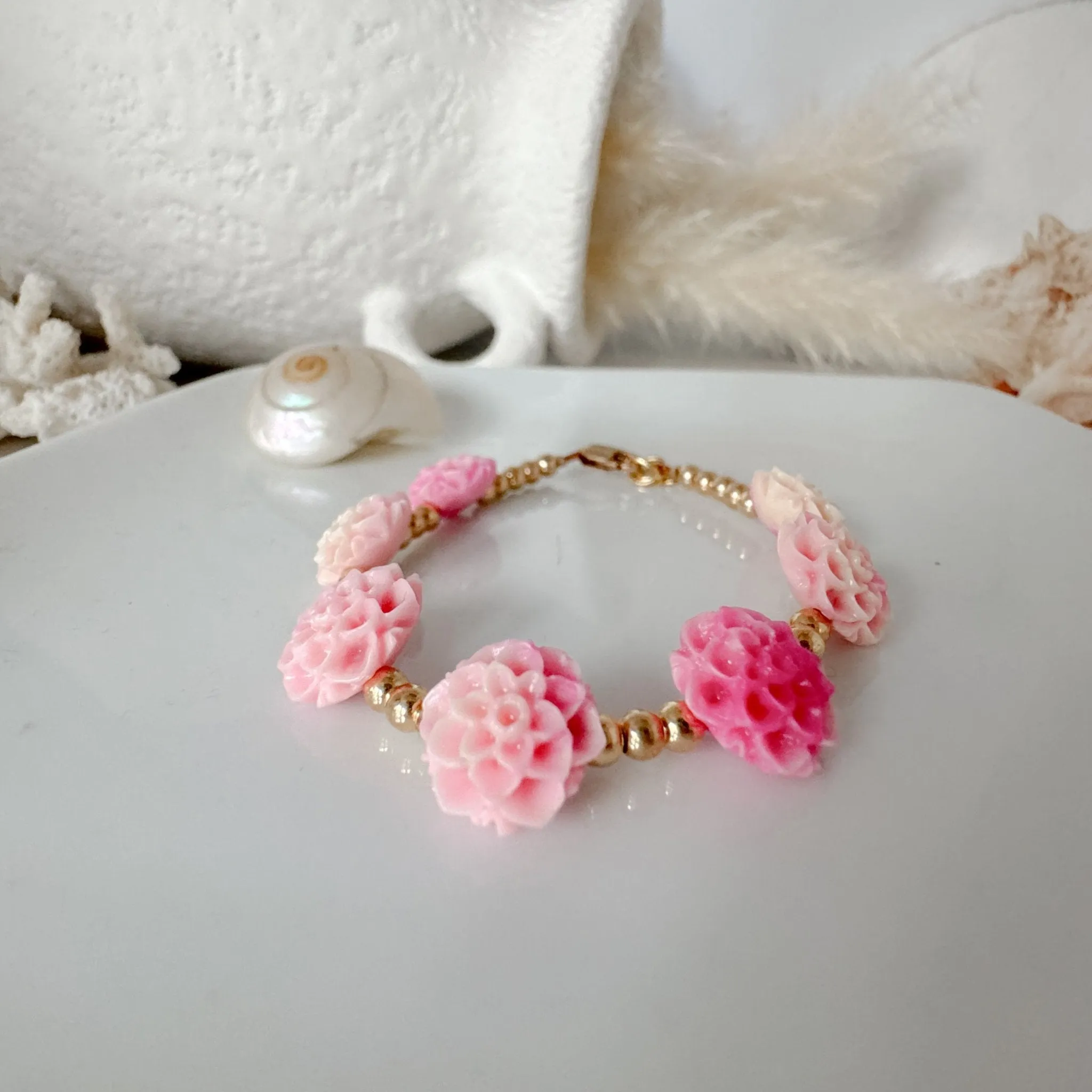 Prim Rose - Flower Bracelet - Shell, Flowers and Gold or Sterling Silver Beads - 2 Style Options