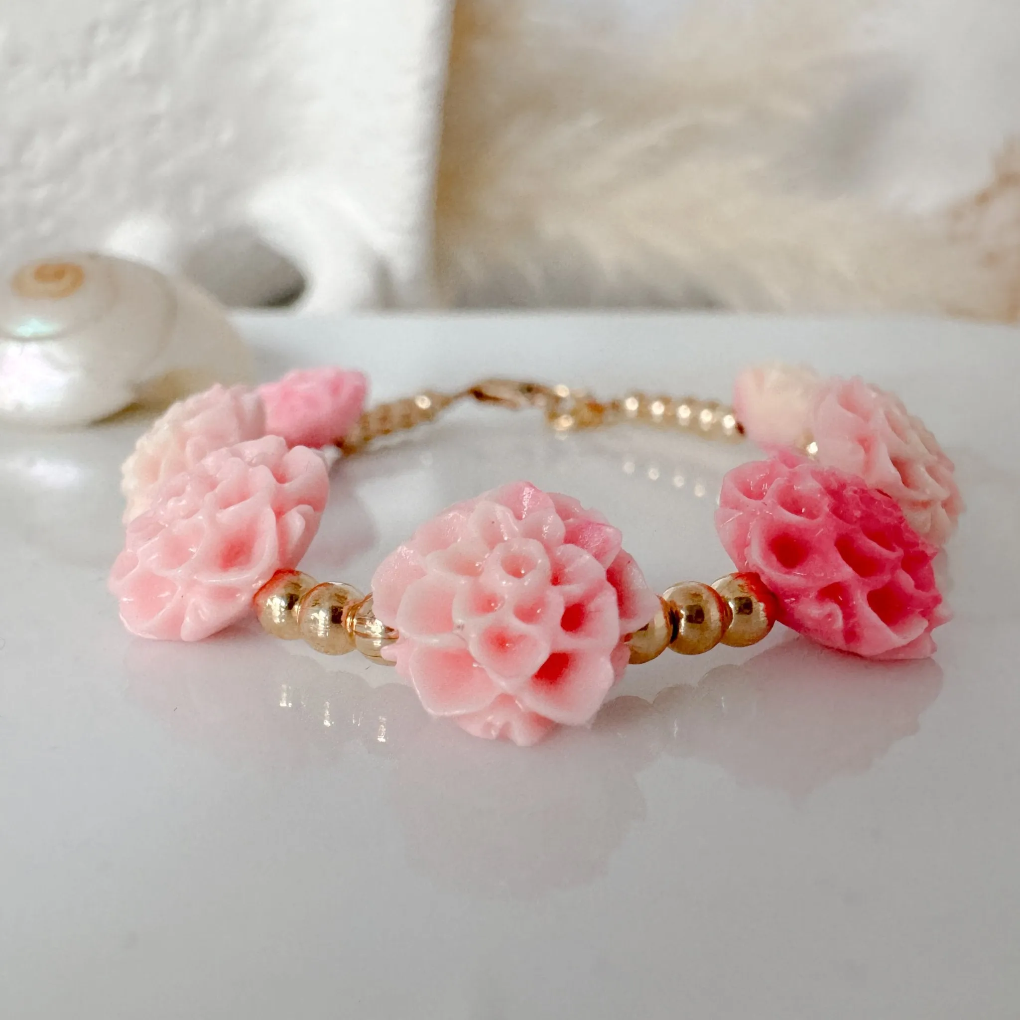 Prim Rose - Flower Bracelet - Shell, Flowers and Gold or Sterling Silver Beads - 2 Style Options