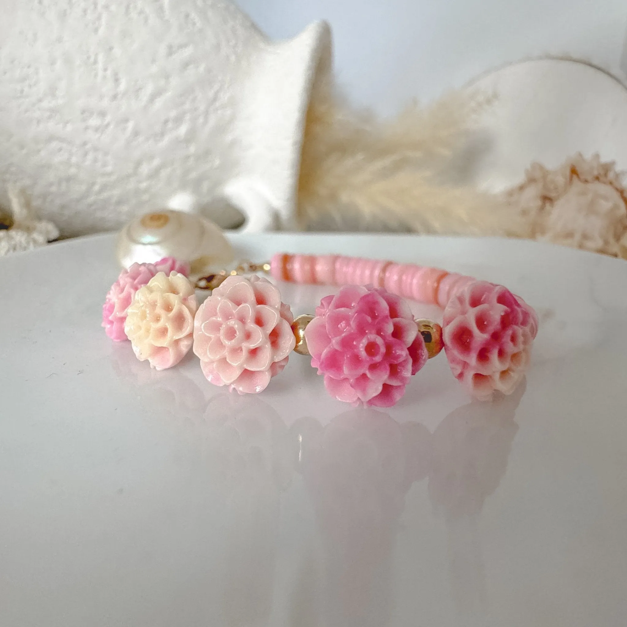 Prim Rose - Flower Bracelet - Shell, Flowers and Gold or Sterling Silver Beads - 2 Style Options