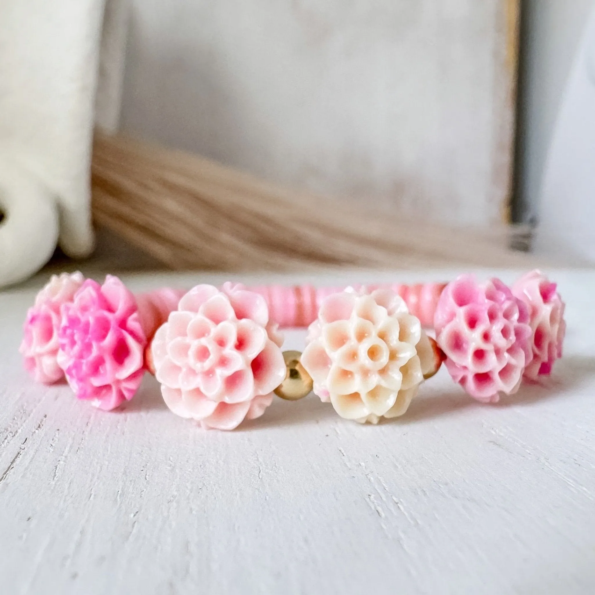 Prim Rose - Flower Bracelet - Shell, Flowers and Gold or Sterling Silver Beads - 2 Style Options