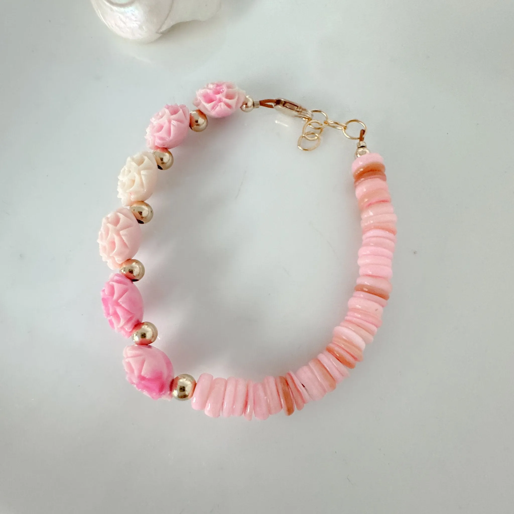 Prim Rose - Flower Bracelet - Shell, Flowers and Gold or Sterling Silver Beads - 2 Style Options