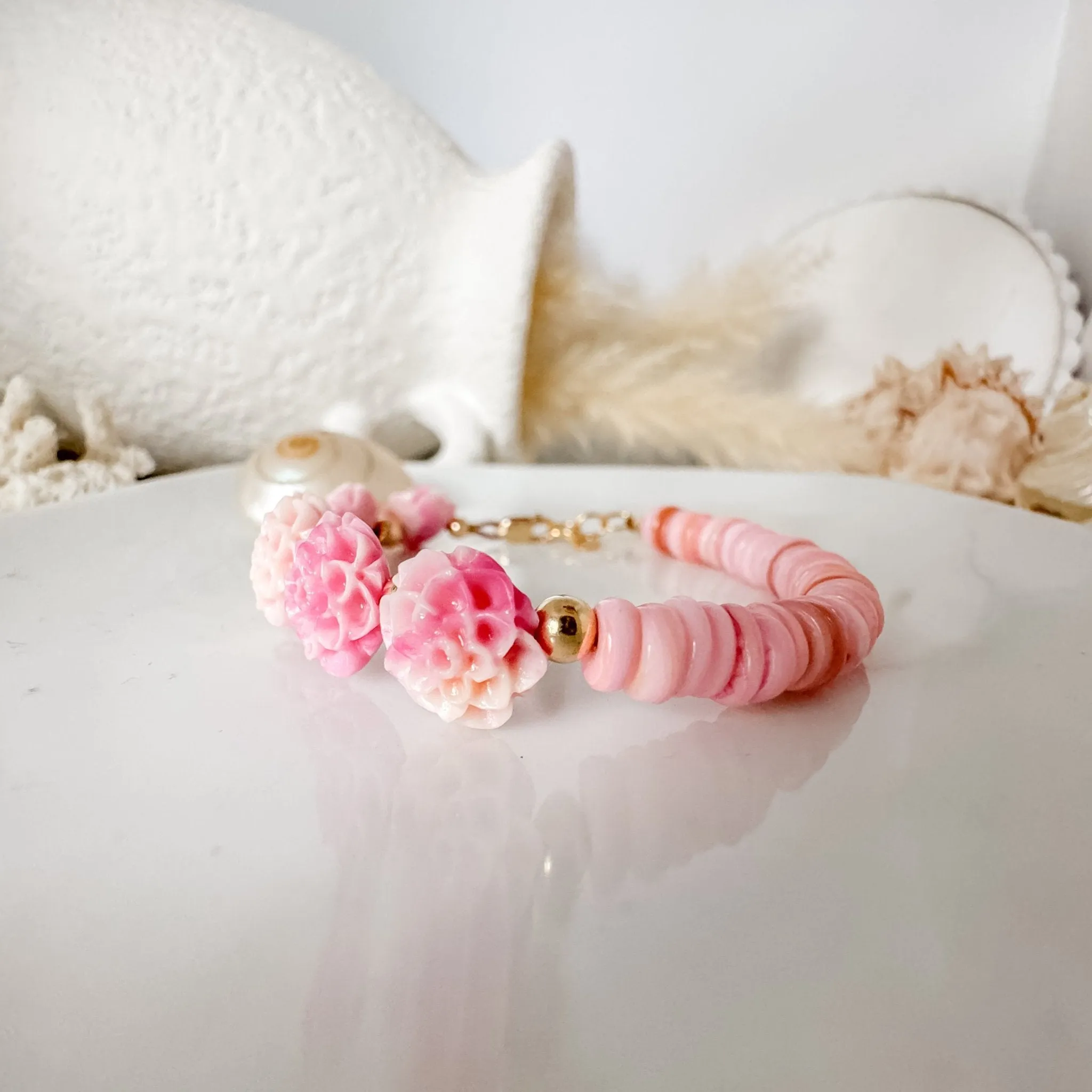 Prim Rose - Flower Bracelet - Shell, Flowers and Gold or Sterling Silver Beads - 2 Style Options