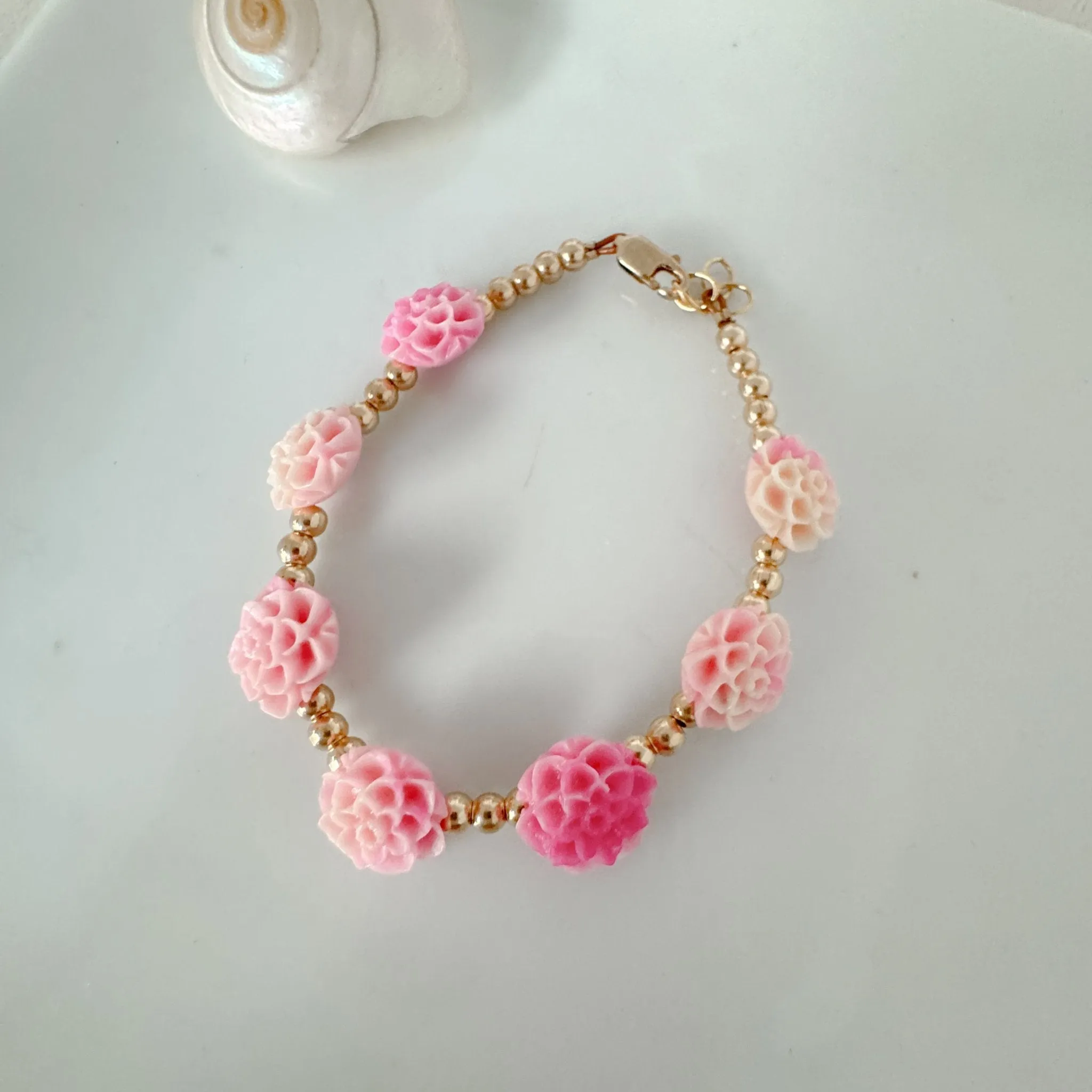 Prim Rose - Flower Bracelet - Shell, Flowers and Gold or Sterling Silver Beads - 2 Style Options