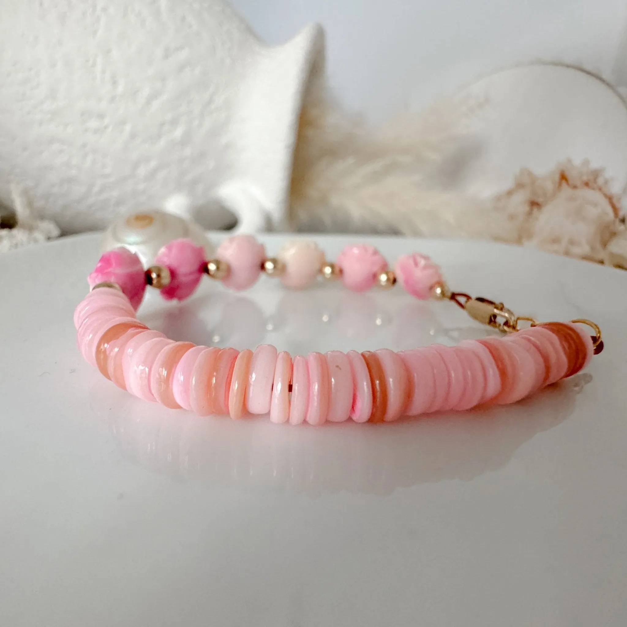 Prim Rose - Flower Bracelet - Shell, Flowers and Gold or Sterling Silver Beads - 2 Style Options