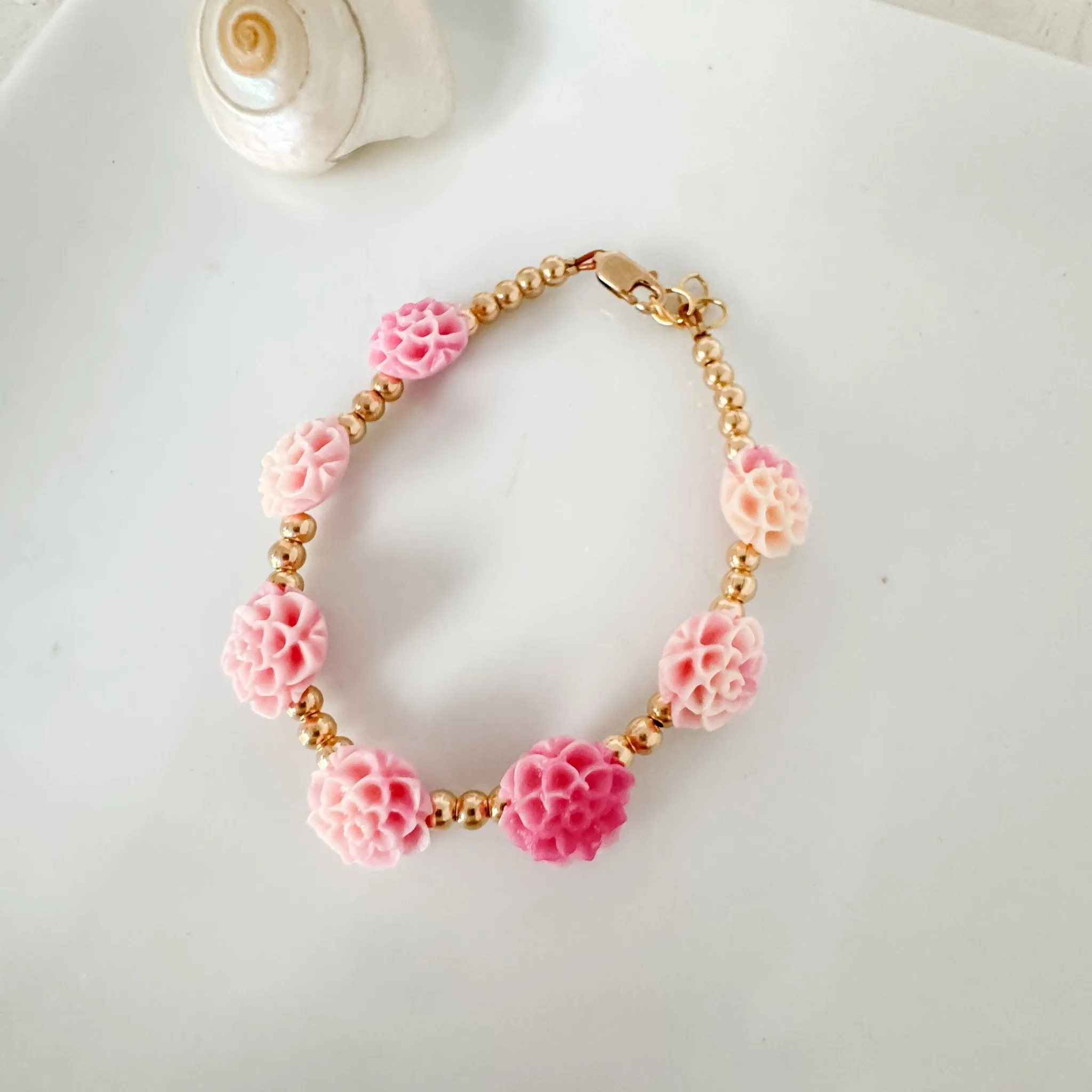 Prim Rose - Flower Bracelet - Shell, Flowers and Gold or Sterling Silver Beads - 2 Style Options