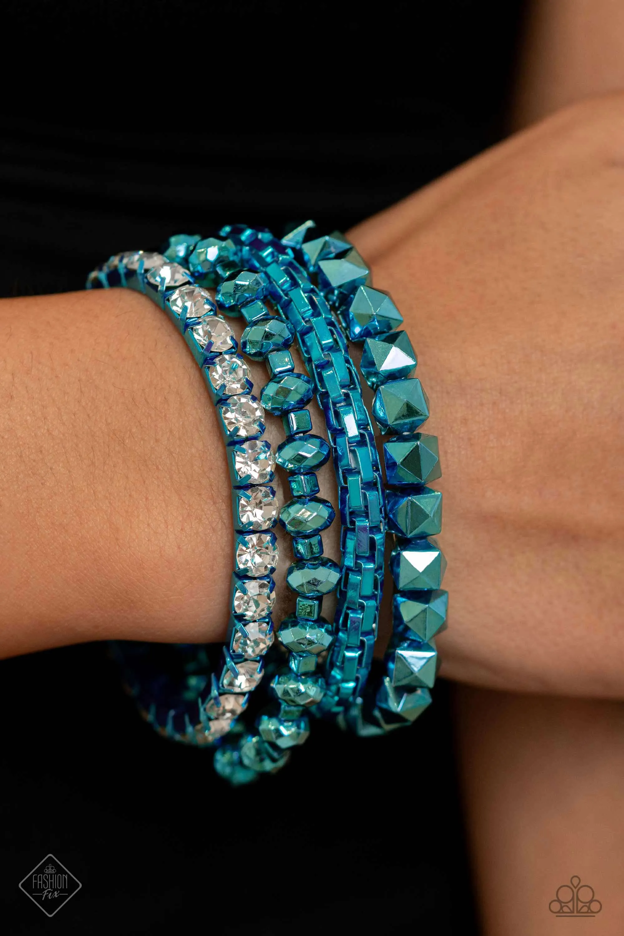 Punk Pattern - Blue - White Rhinestone Metallic Paparazzi Stretchy Bracelet - December 2023 Magnificent Musings