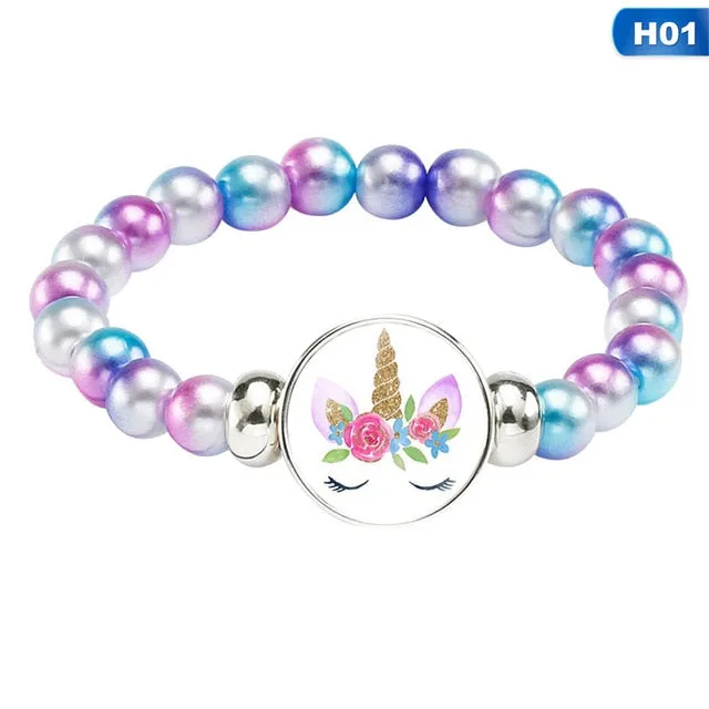 Rainbow Unicorn Glass Beads Bracelets & Bangles For Kids Girls Party Accessories Gifts