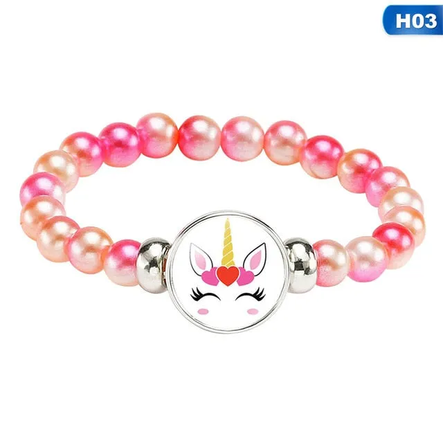 Rainbow Unicorn Glass Beads Bracelets & Bangles For Kids Girls Party Accessories Gifts