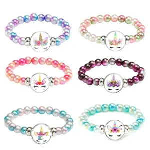 Rainbow Unicorn Glass Beads Bracelets & Bangles For Kids Girls Party Accessories Gifts