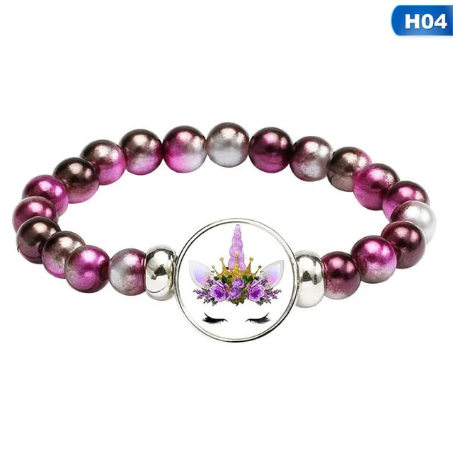 Rainbow Unicorn Glass Beads Bracelets & Bangles For Kids Girls Party Accessories Gifts