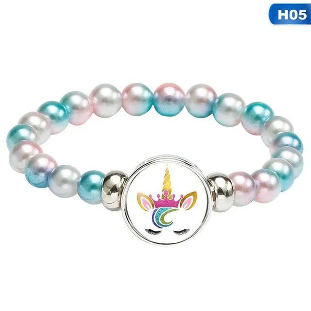 Rainbow Unicorn Glass Beads Bracelets & Bangles For Kids Girls Party Accessories Gifts