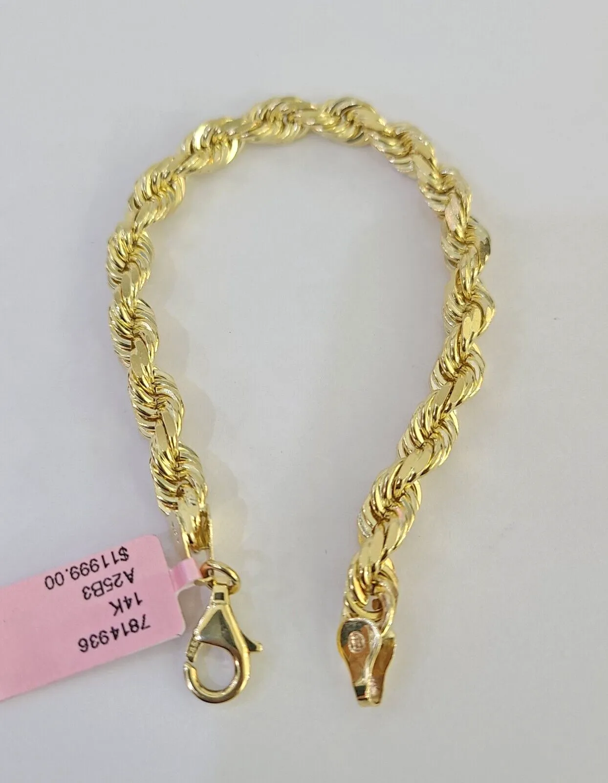 Real 14k Solid Rope Bracelet 7mm 7 Inch Men Women Diamond Cut Yellow Gold