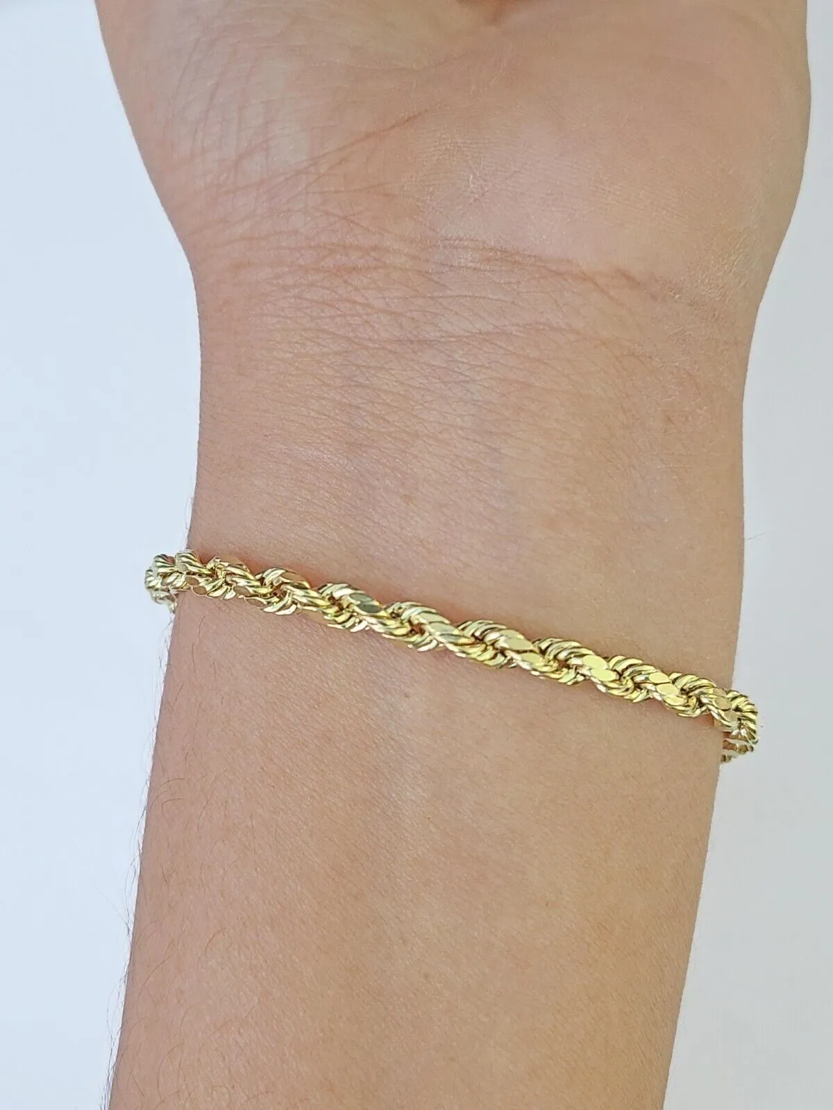 Real 14k Yellow Gold Rope Bracelet 3mm 8 Inch Men women diamond Cut
