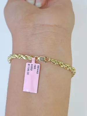 Real 14k Yellow Gold Rope Bracelet 3mm 8 Inch Men women diamond Cut